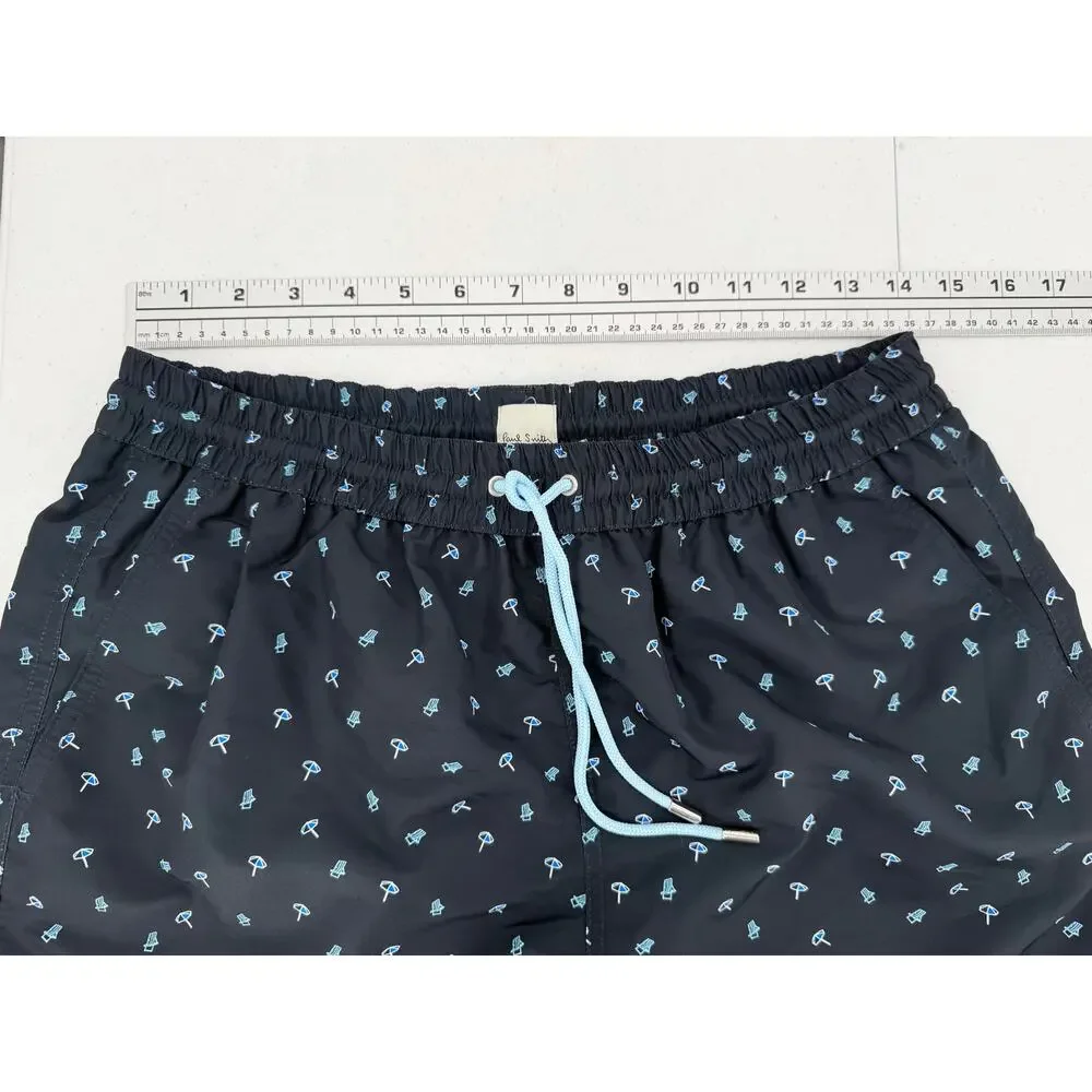 NWT Paul Smith Pool Beach Umbrella Print Navy Swim Trunks Size SMALL